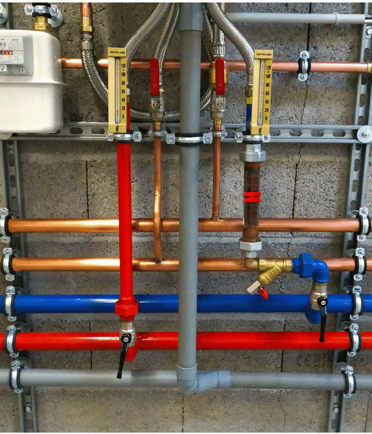 Colonne de distribution d'eau en cuivre équipée de vannes d'arrêt et de thermomètres.