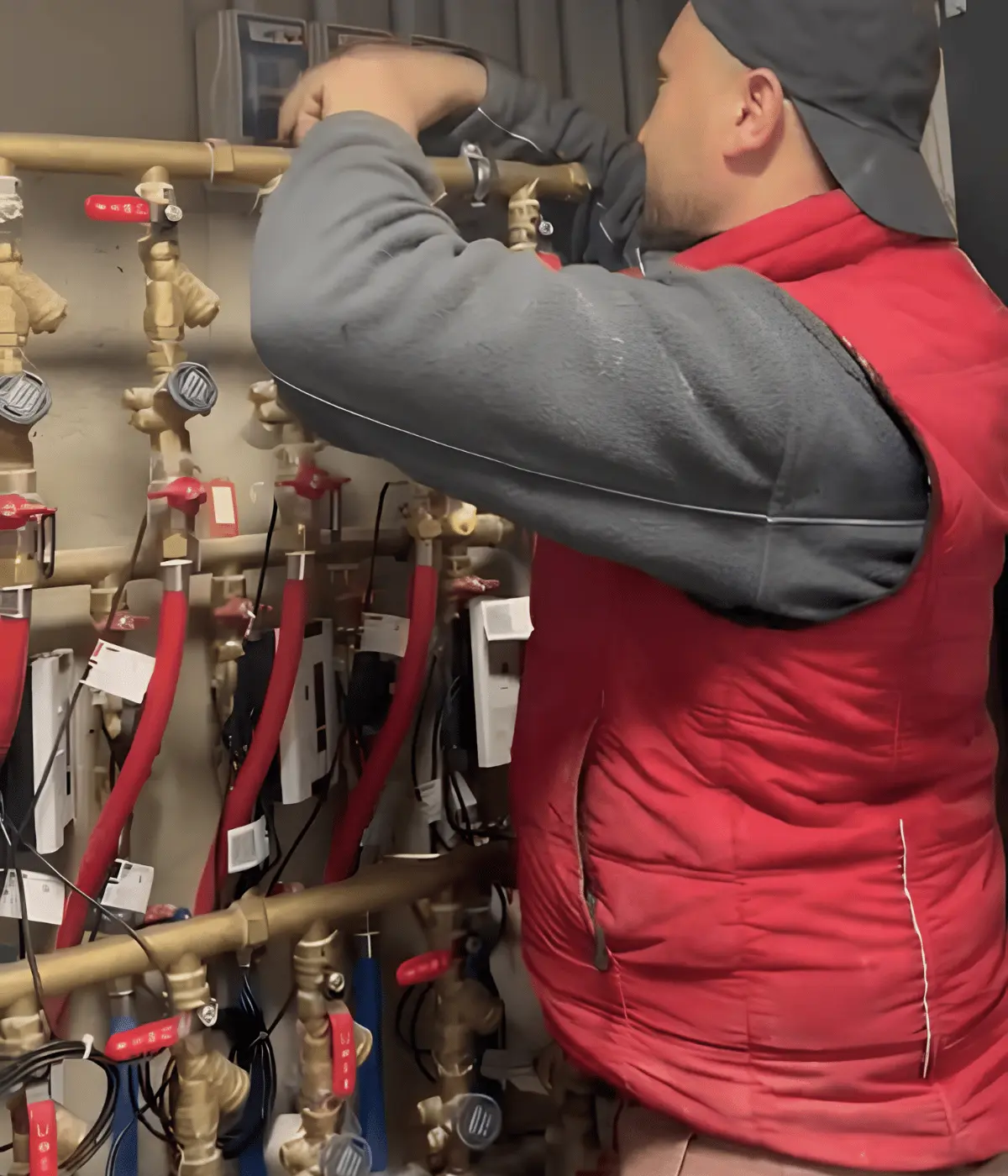 Plombier intervenant sur un collecteur de vannes en laiton dans un local technique.